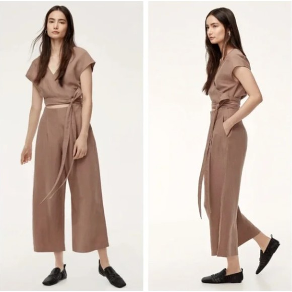Aritzia Pants - Aritzia Wilfred Size 6 Brax Linen Cutout Tie Wrap Crop Wide Leg Jumpsuit